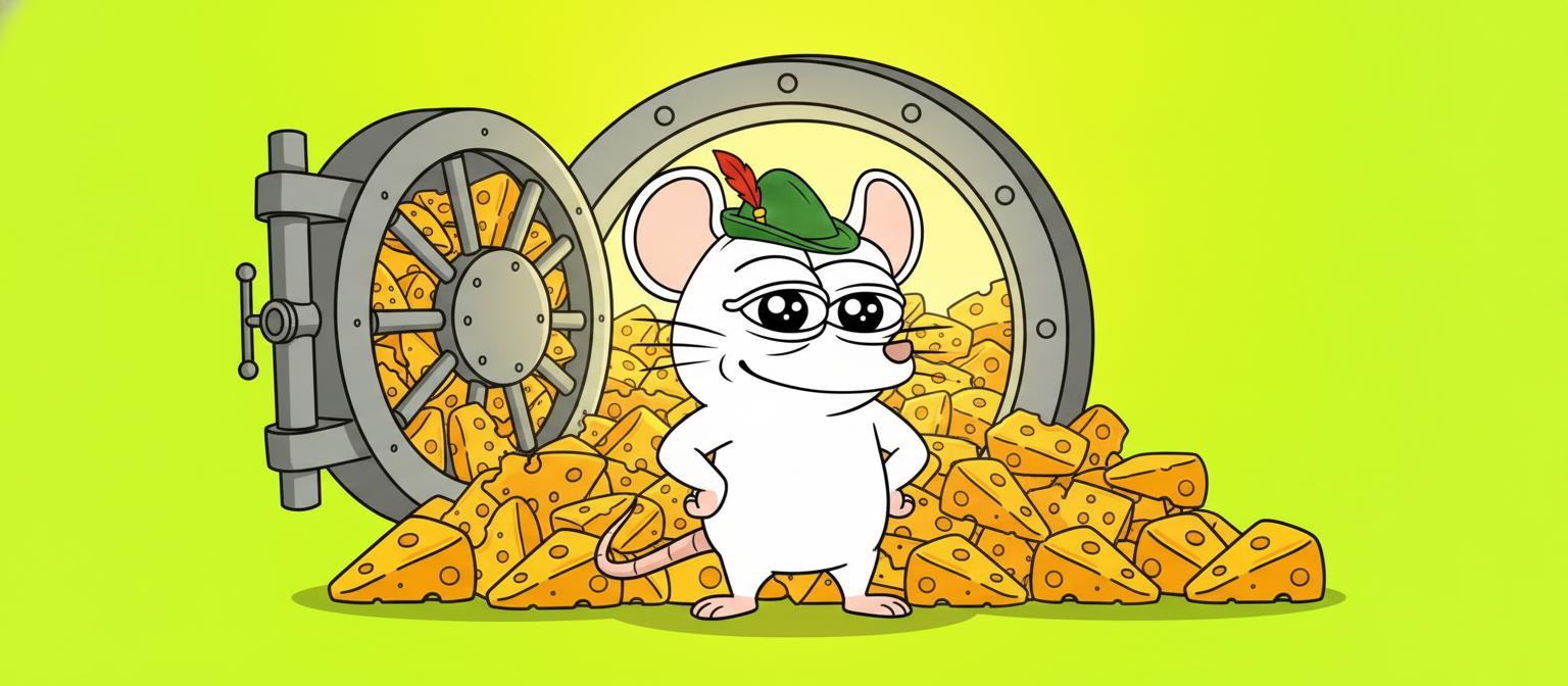 Chedda standing in front of a bank vault overflowing with cheese wedges